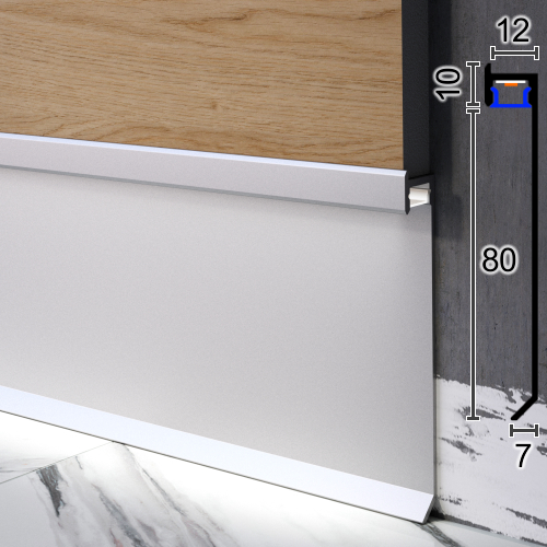 

Встроенный алюминиевый плинтус с LED-подсветкой Sintezal P-115, 80х12х2500мм.