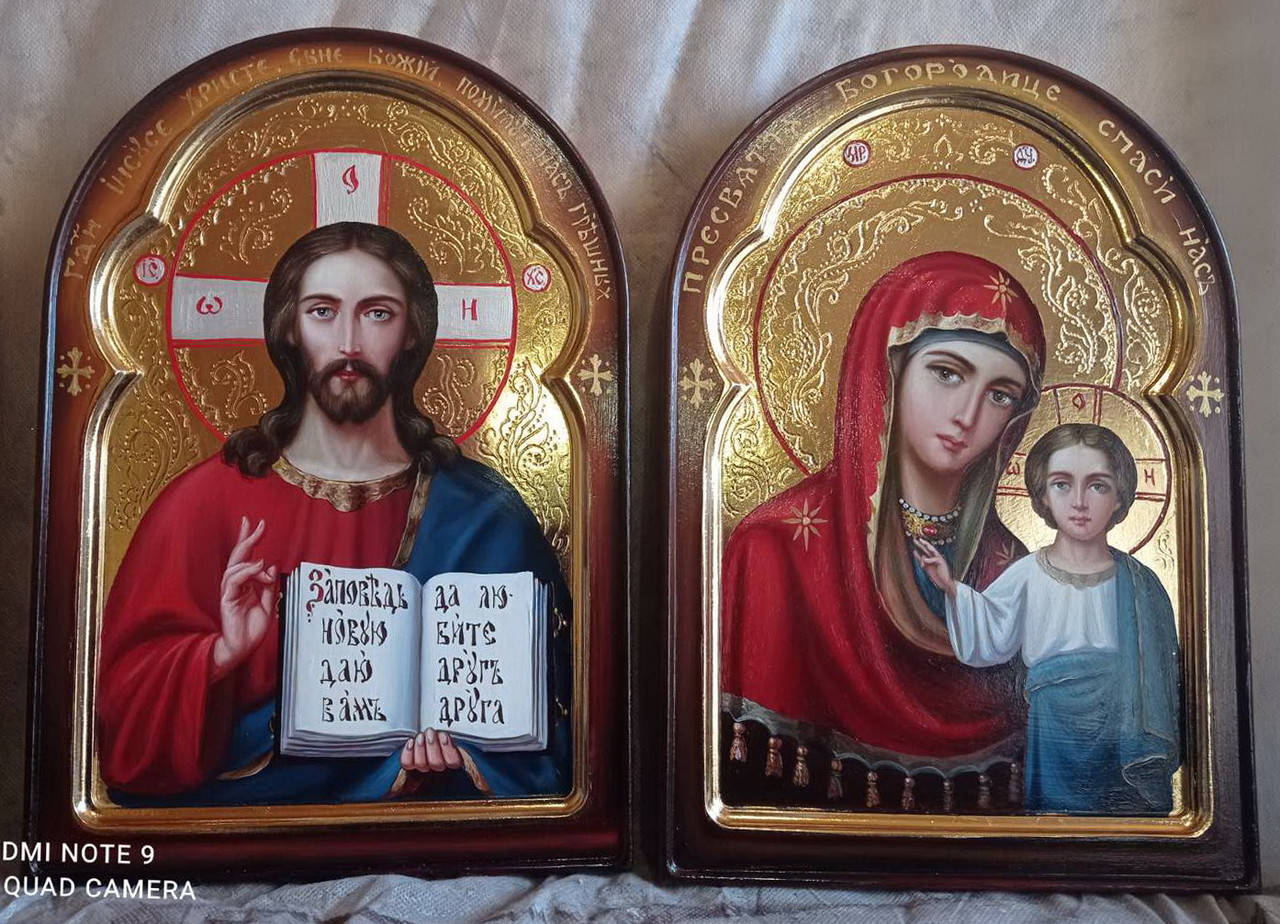 

Венчальная пара писаная с сусальным золотом. Родительское благословение. Казанская ПБ и Спаситель