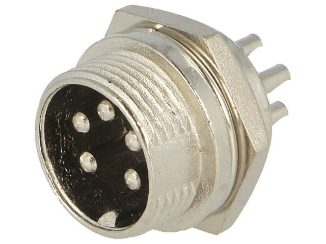 

GX16-5M (MIC335) M16 круглый 5-и контактный разъем на панель "папа"; 10A; 125V; IP55
