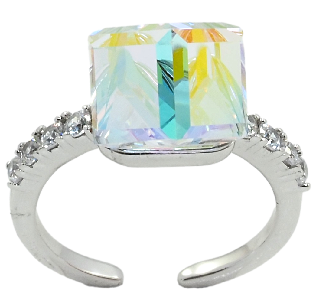 

Кольцо Xuping Родий с кр-ми Swarovski "Кристальный куб АВ, 8х8мм" р.16-17
