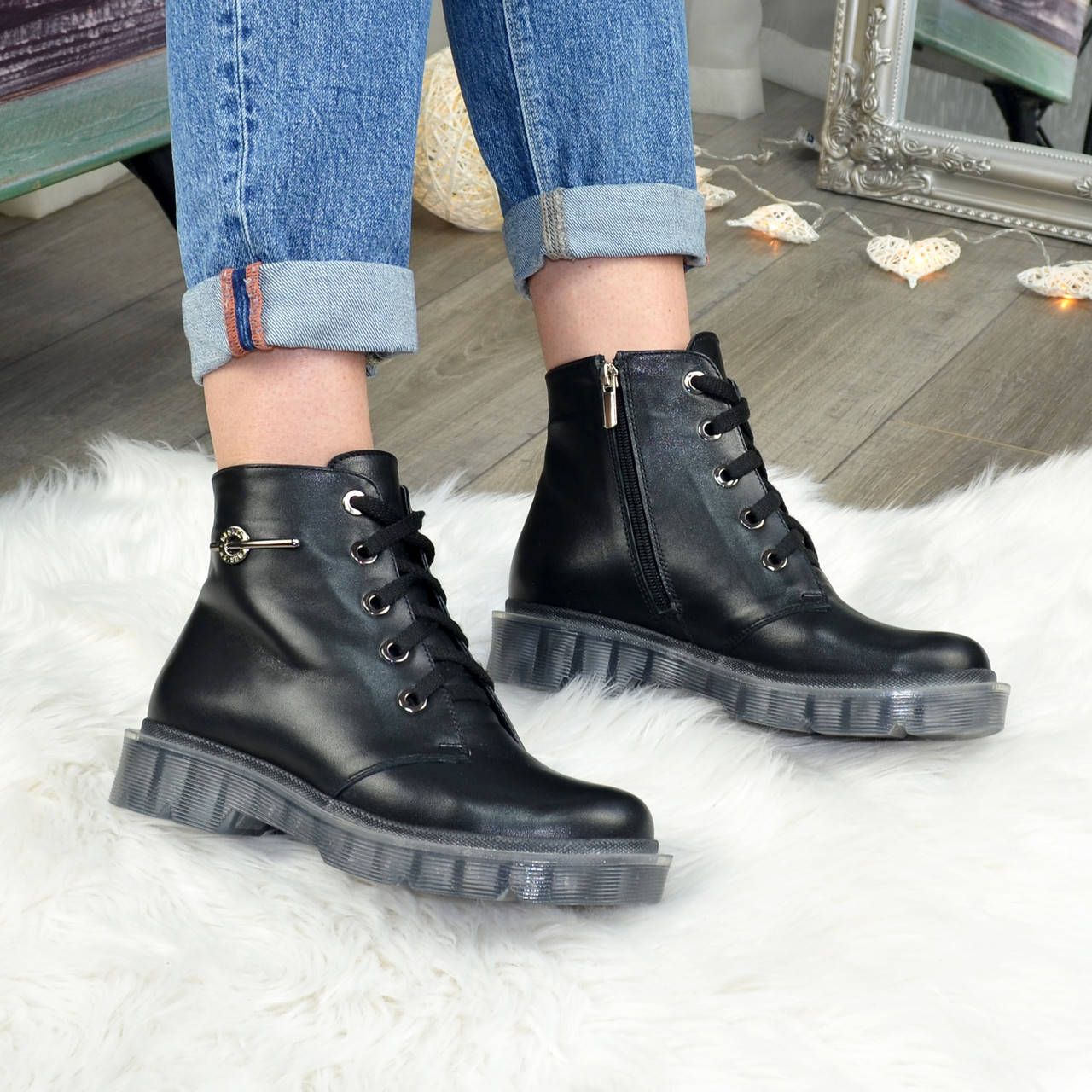 

Ботинки женские на утолщенной подошве, натуральная кожа, Черный