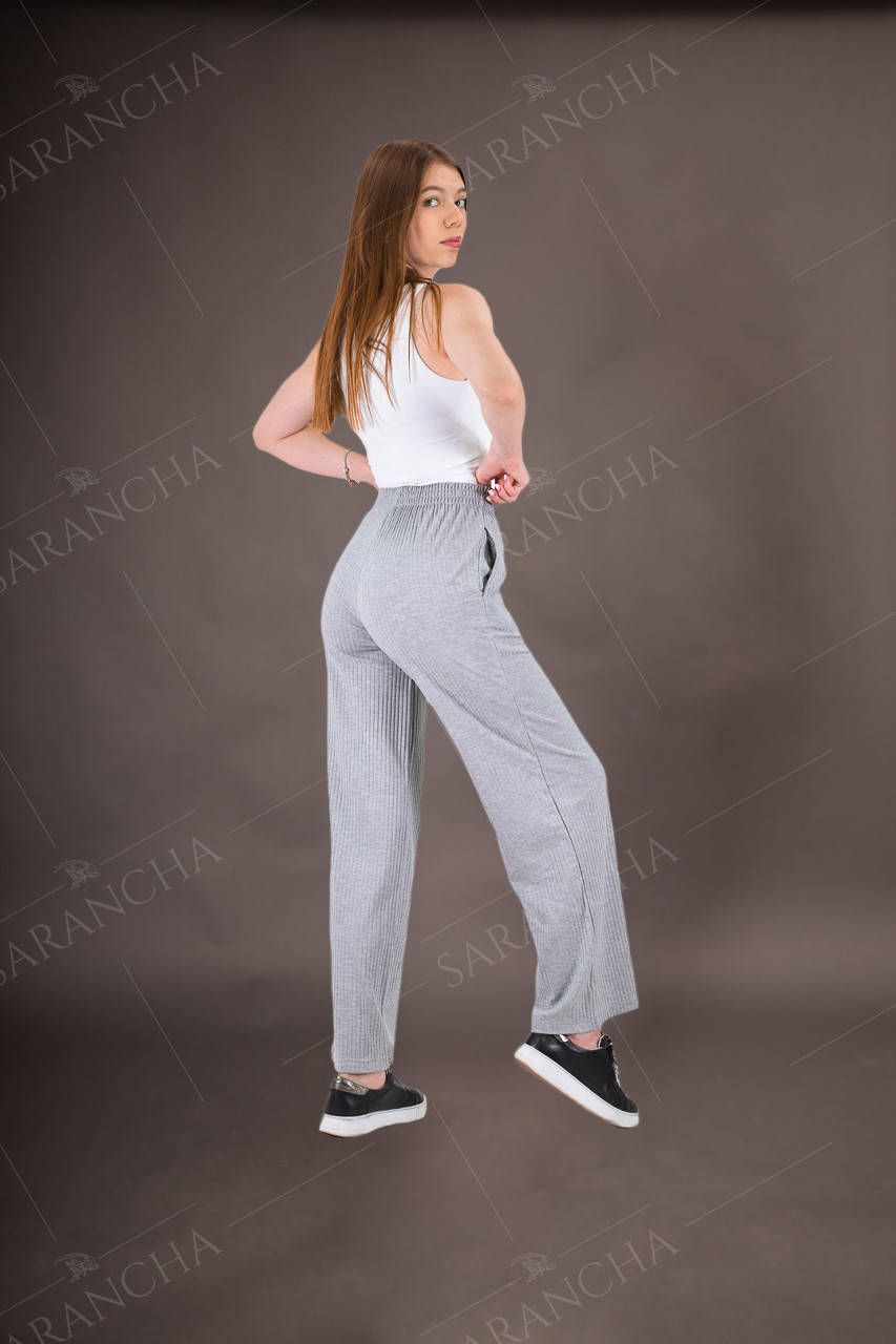 

Брюки wide leg женские трикотаж рубчик светло-серый меланж