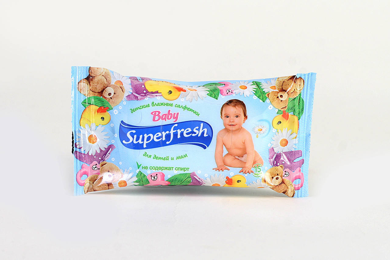 

Детские влажные салфетки Superfresh 15 шт. c экстрактом ромашки