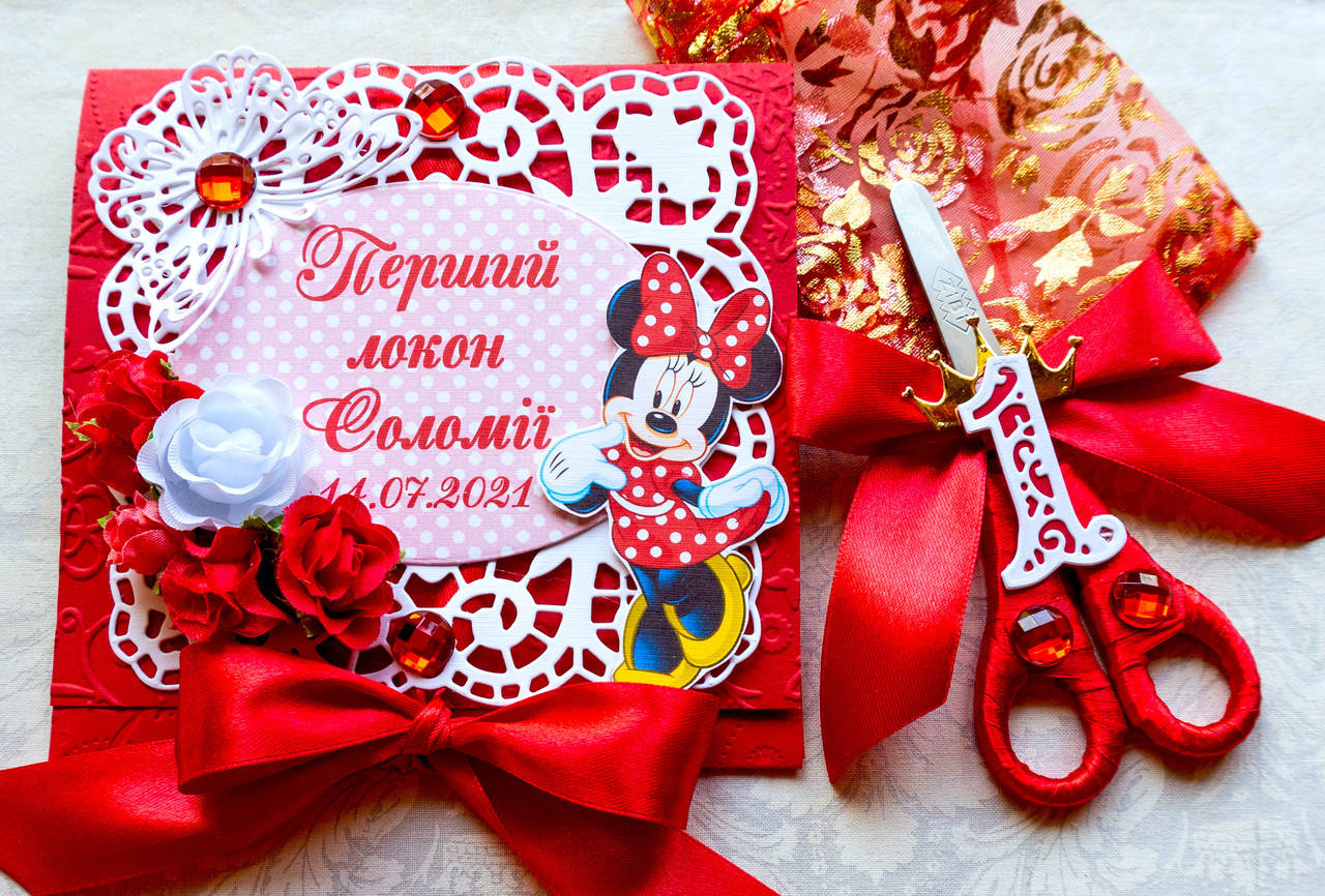 

Набор для Первого локона для девочки конверт и ножницы Мини Маус, Белый