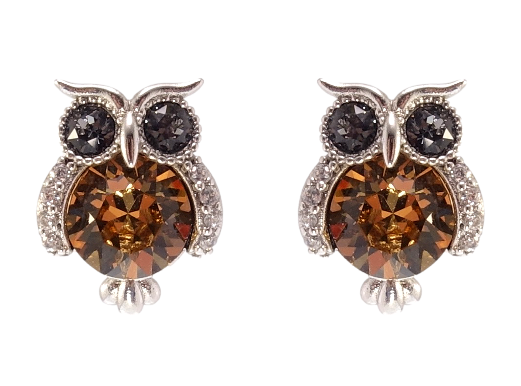 

Серьги Xuping Родий с кр-ми Swarovski гвоздики (пусеты) "Совы с кристаллами Smoked Topaz и Graphite"