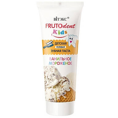 

FRUTOdent Kids ЗУБНА ПАСТА дитяча гелева Ванільне морозиво, без фтору (F), 65 г, ВІТЭКС