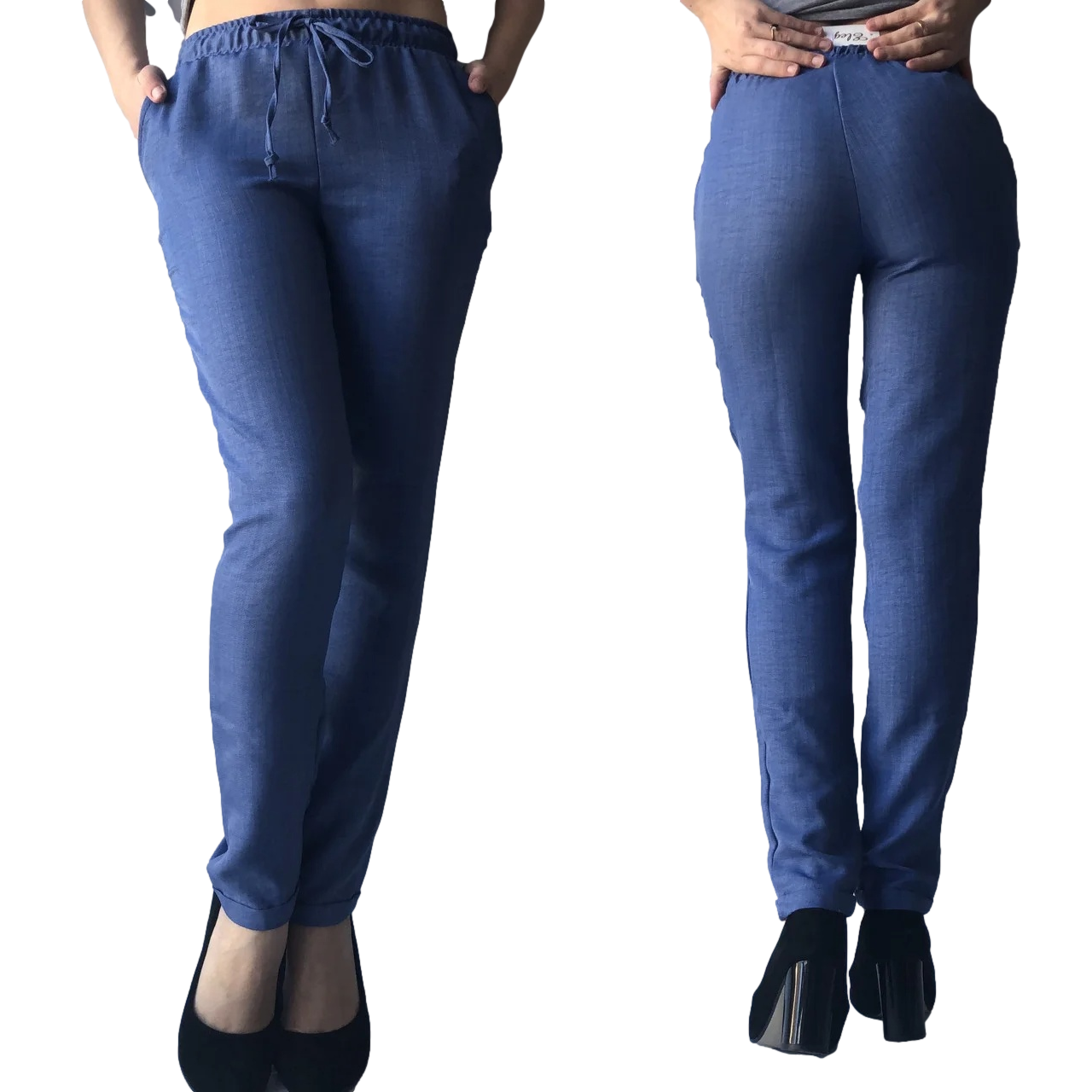 

Летние женские льняные брюки султанки на резинке джинс, Синий