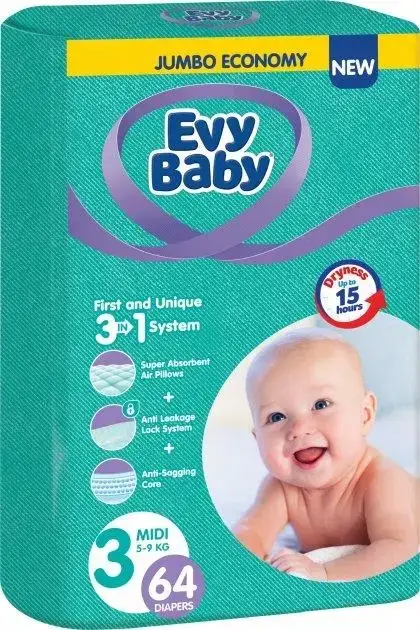 

Подгузники Evy Baby Эви Беби Midi Jumbo 3 (5-9 кг), 64 шт.