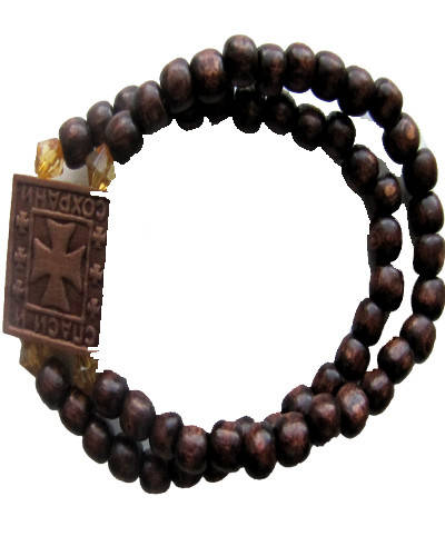 

Браслет с крестом, деревянный, на резинке, коричневый, двойное плетение