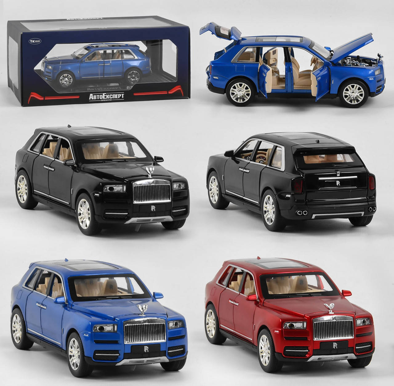 

Игрушечная машина Rolls Royce Cullinan 1:24 металлическая открываются двери капот багажник свет звук 3 цвета, Черный