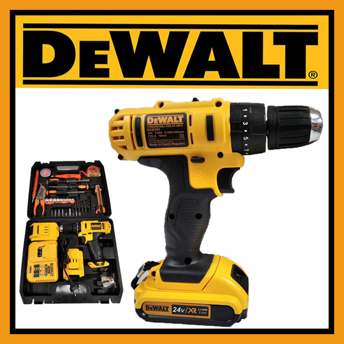 

Аккумуляторный шуруповерт DeWALT DCD791 (24V, 5AH) с набором инструментов Деволт