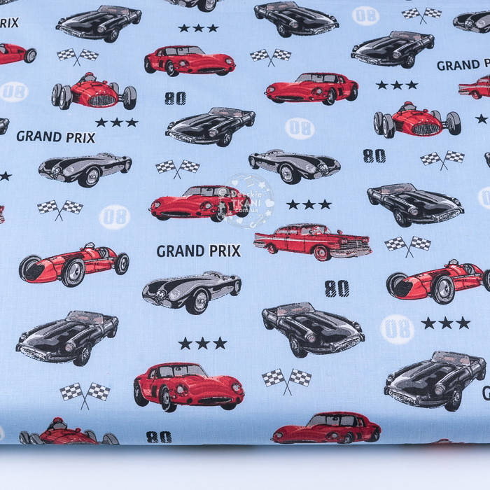 

Ткань бязь "Спортивные машины и флажки GRAND PRIX" на голубом фоне (№3516), Голубой