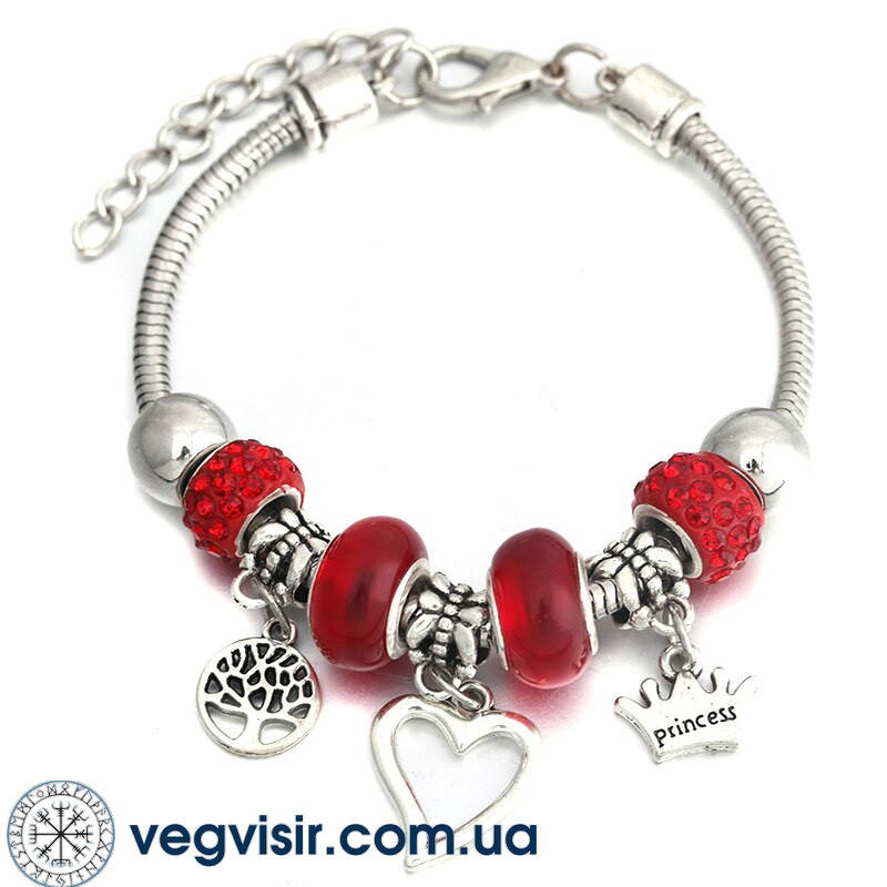 

Шикарный женский браслет Пандора Pandora в красном цвете древо жизни сердце корона