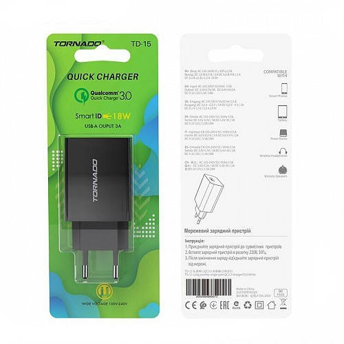 

Сетевое зарядное устройство Tornado TD-15 1USB QC3.0 black, Черный