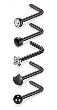 

Набор из 5 нострил для пирсинга носа чёрные L-образные