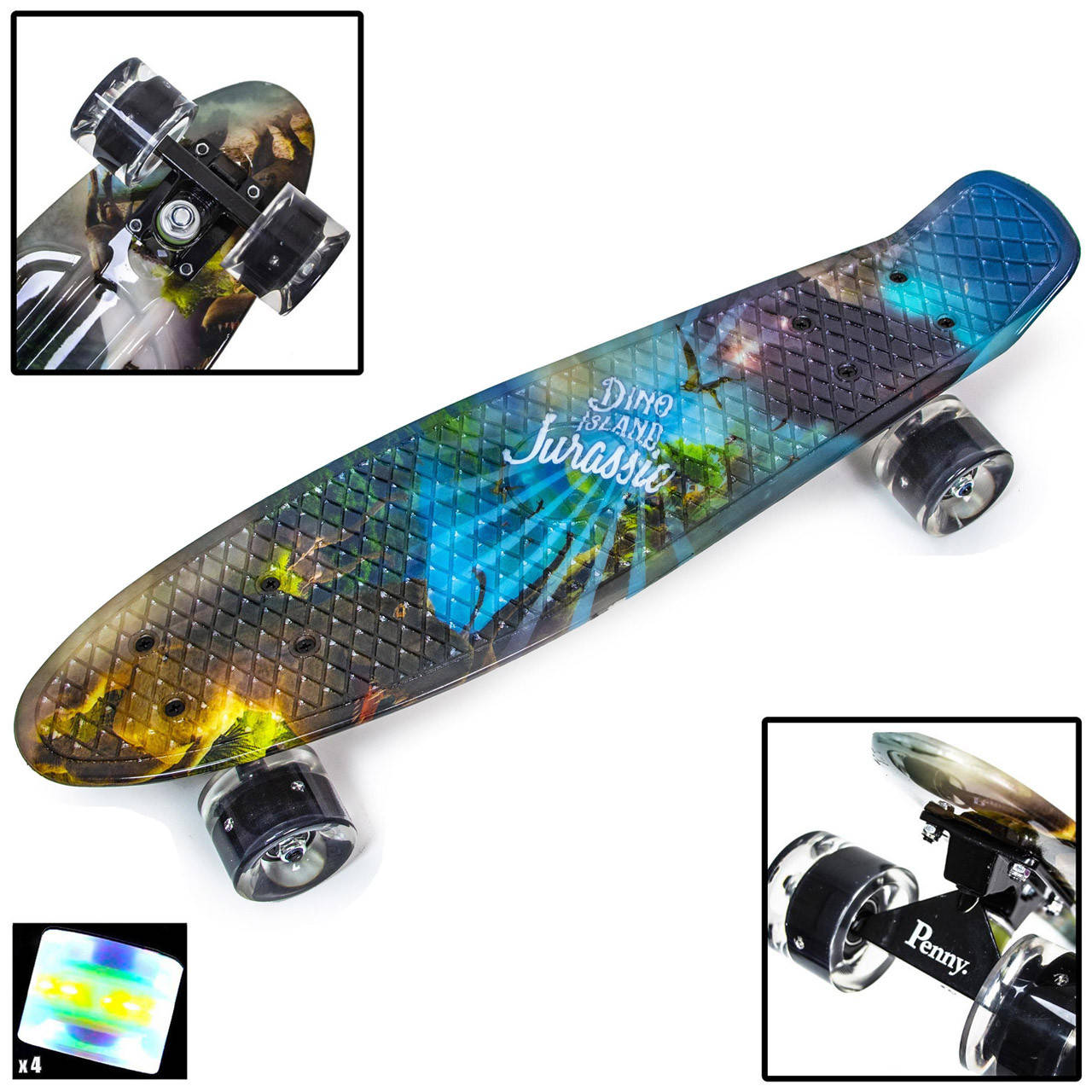 

Скейт Пенни Борд, Penny Board 22 Dinosaur, Светящиеся Led колеса, Разные цвета