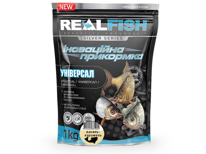 

Прикормка REALFISH 1кг Універсал ваніль-карамель (10шт в уп)