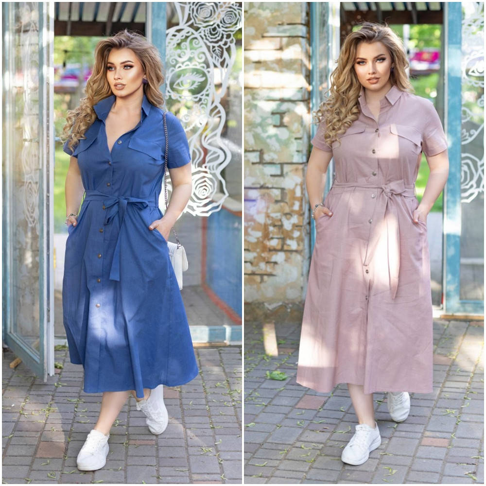 

Летнее платье-рубашка из льна с коротким рукавом большие размеры 54/56, фрез