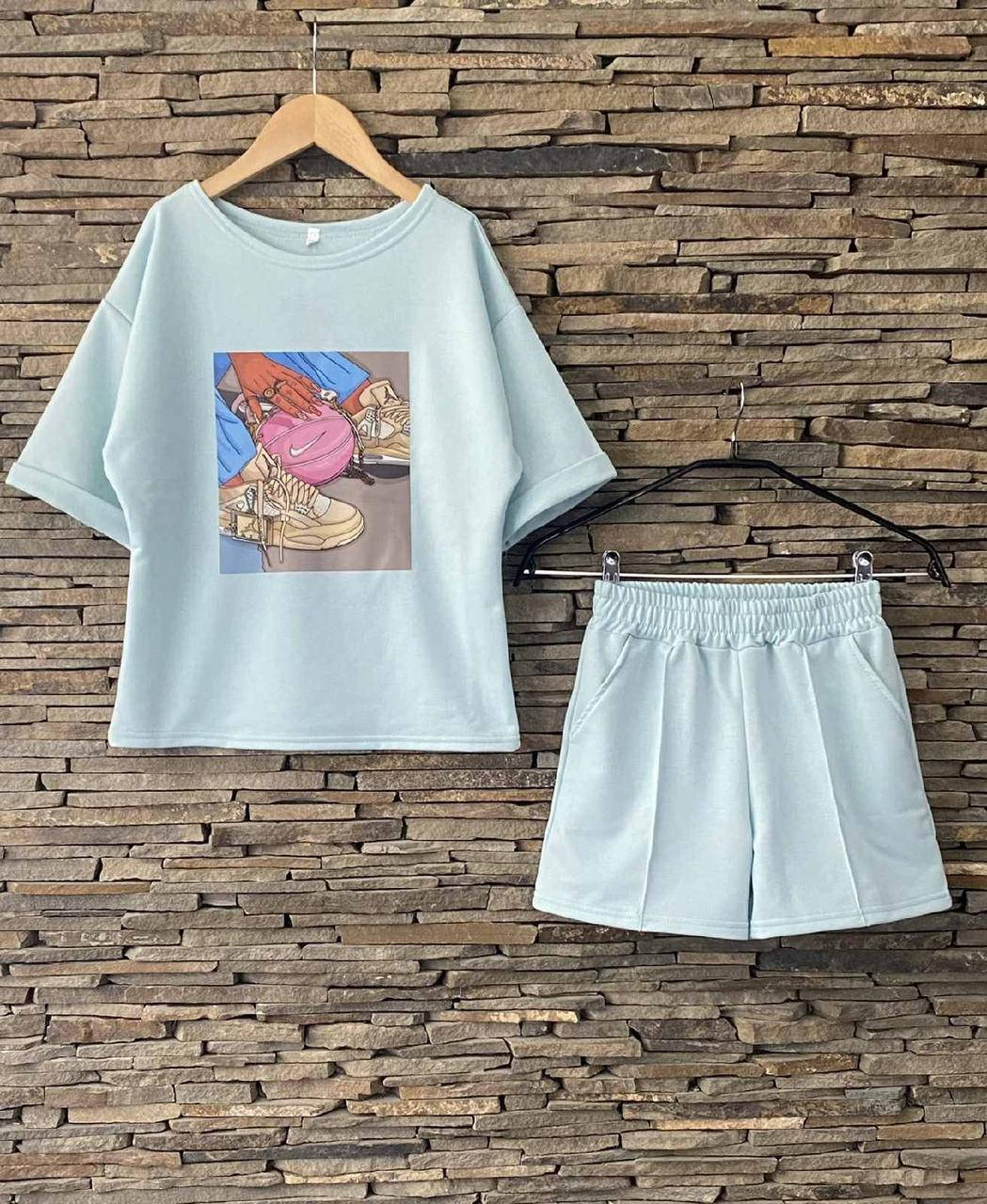 

Красивый костюм для девочки шорты и футболка оверсайз р. 134-152, Голубой