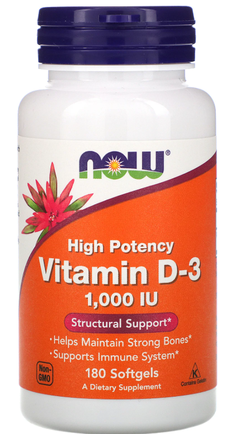 

Now Foods, витамин D3, высокоактивный, 25 мкг (1000 МЕ), 180 мягких таблеток