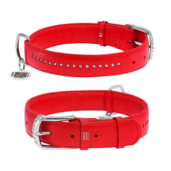

COLLAR Ошейник для собак кожаный WAUDOG Glamour с QR паспортом, двойной со стразами, Ш 20 мм, Дл 30-39 см,