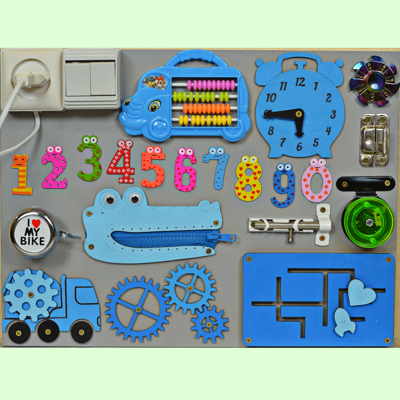 

Развивающая доска размер 30*40 Бизиборд для детей "Бетономешалка" на 29 элементов, Разные цвета