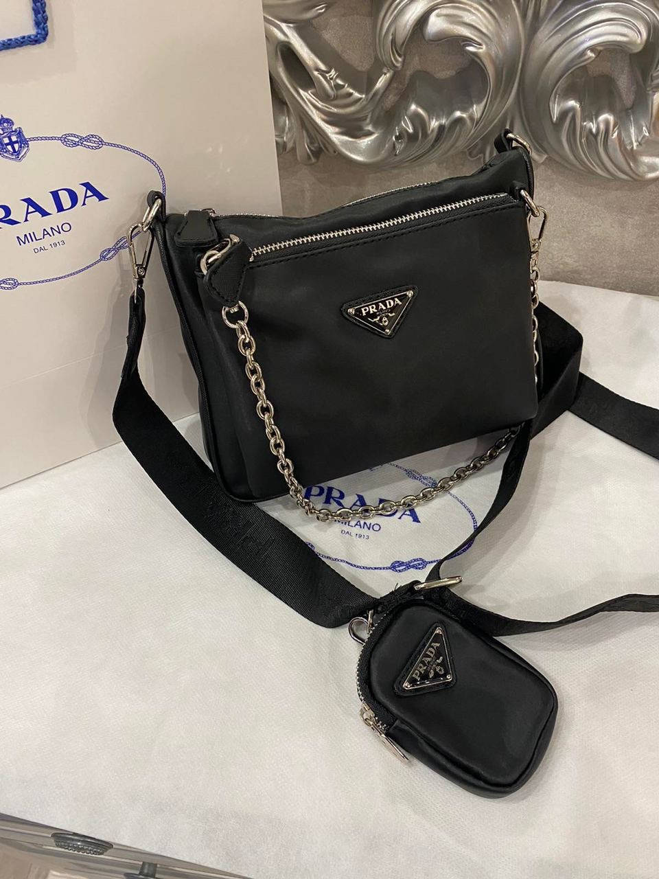 

Модная женская квадратная двойная нейлоновая сумка Prada Прада, Черный