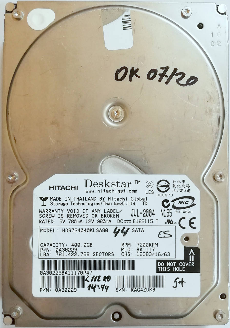 

Жесткий диск для компьютера Hitachi Deskstar 400GB 3.5" 8MB 7200rpm 1.5Gb/s (HDS724040KLSA80) SATA/150 Б/У