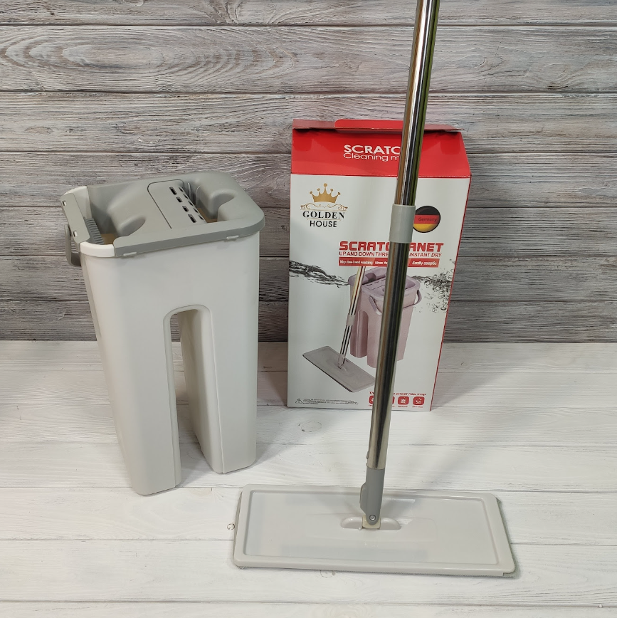 

Швабра с ведром с автоматическим отжимом (2 смен. насадки) Белый Flat Mop, поломойка, швабра для мойки полов, Коричневый