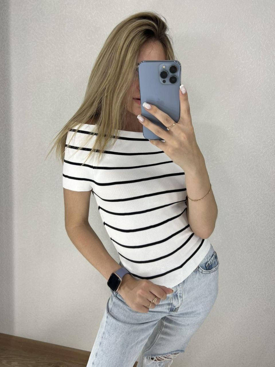 

Летняя модная женская футболка в полоску, вырез лодочка, Белый