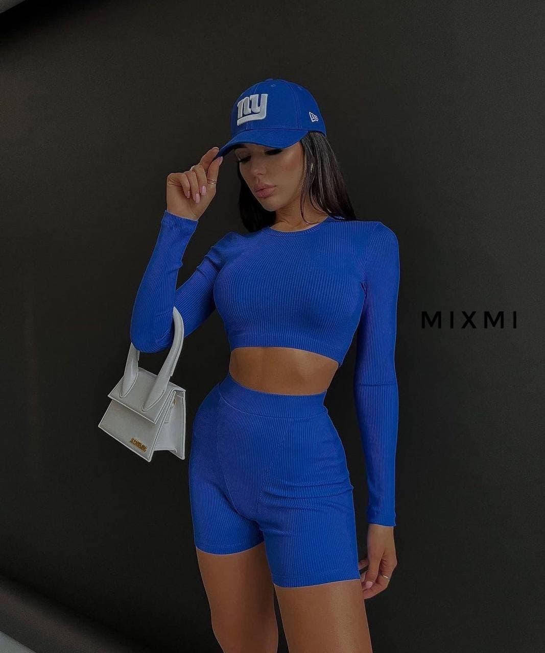 

Женский костюм укороченный топ с длинным рукавом + велосипедки рубчик Турция; в синем и зеленом цвете, Электрик