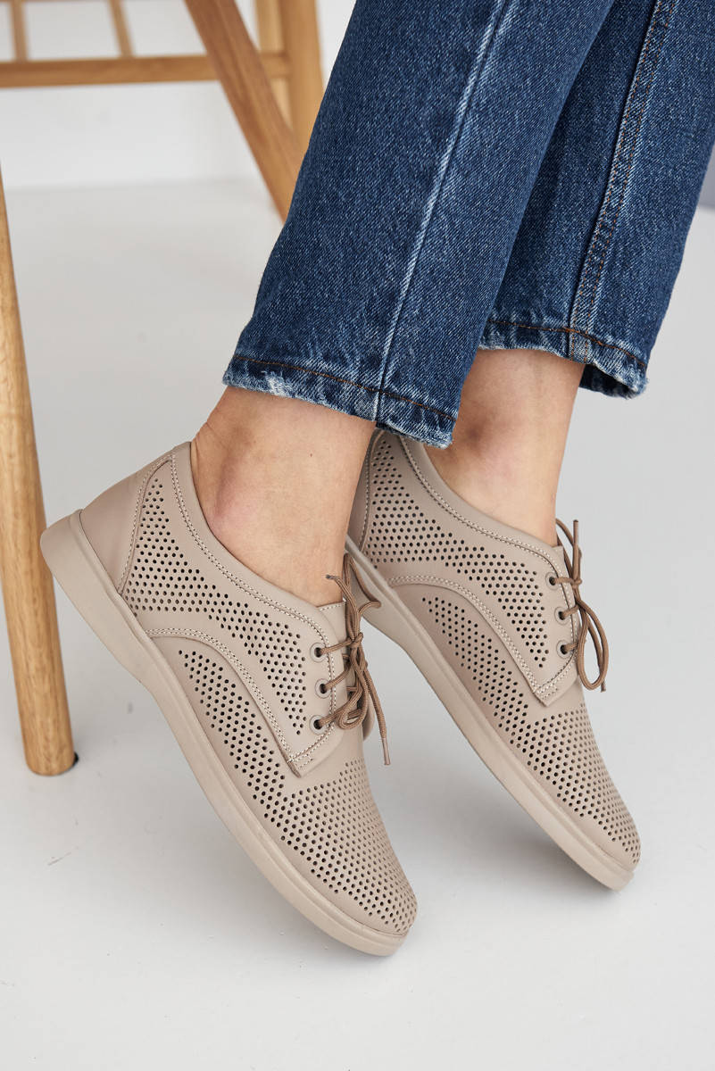 

Женские туфли кожаные летние бежевые Ydg 21257/125 перфорация на шнурках (41), Бежевый