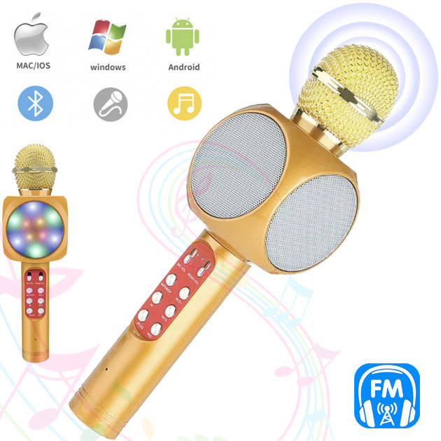 

Bluetooth Микрофон караоке детский Wster WS-1816 с динамиком светящийся Золотой SKL