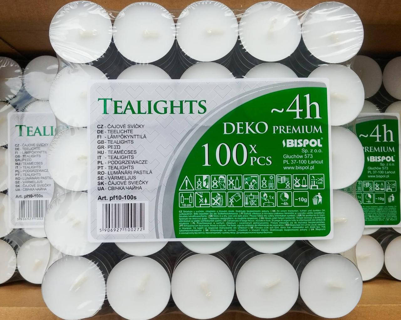 

Свечи чайные декоративные Tealights 4 часа сгорания 100 штук Bispol Польша, Белый