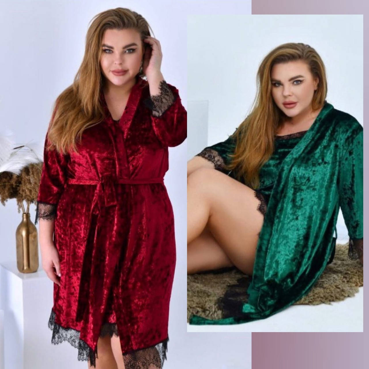 

Бархатный женский комплект, домашний костюм с кружевом, большого размера, халат и ночнушка, от 50 до 56 р-ра