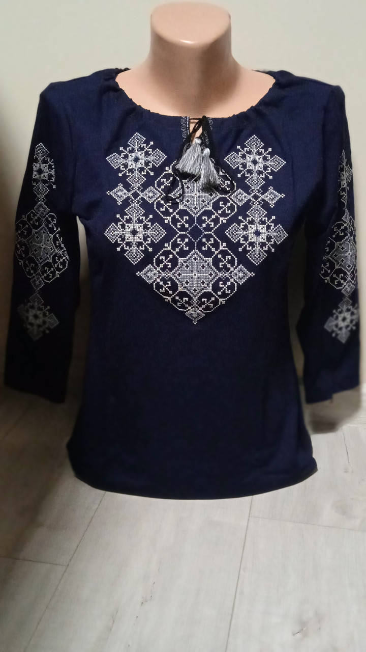 

Вышиванка блузка рукав три четверти серебро крест L, XL, 2XL, 3XL, Темно-синий