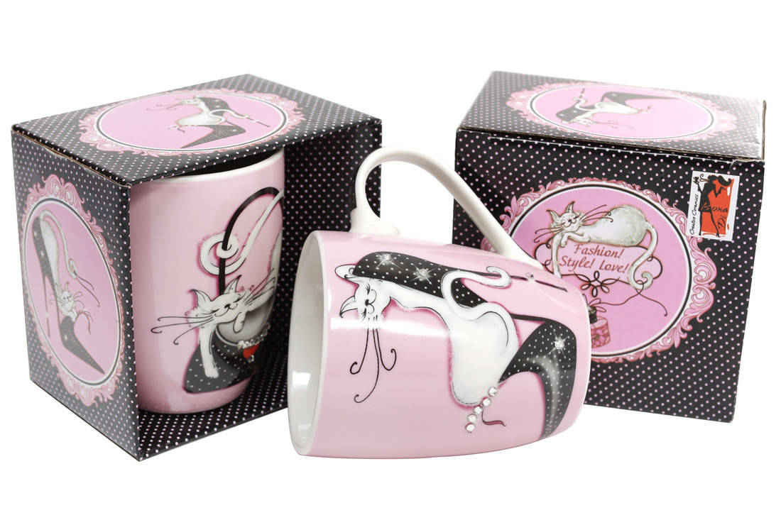 

Чашка керамическая 380мл со стразами Модная кошка в коробке, Черный