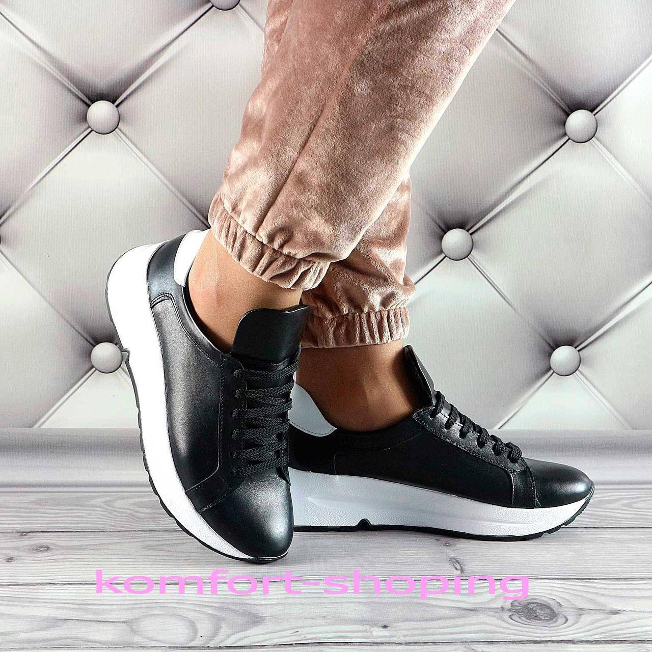 

Женские кроссовки на шнуровке кожаные, черные К 1395, Черный