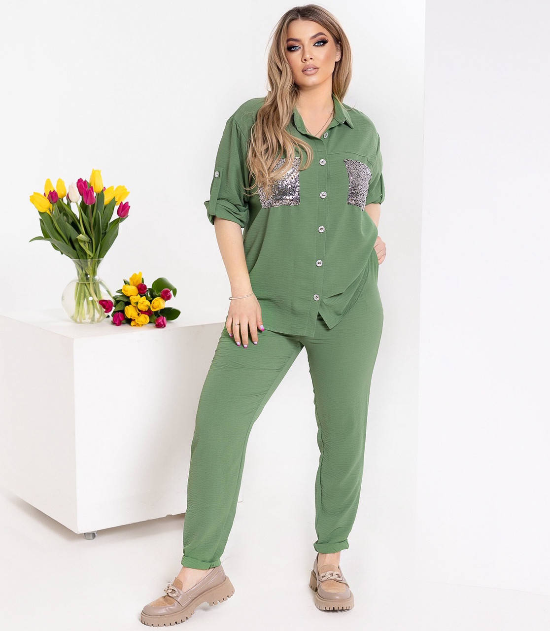 

Женский брючный костюм с рубашкой большого размера, Оливковый