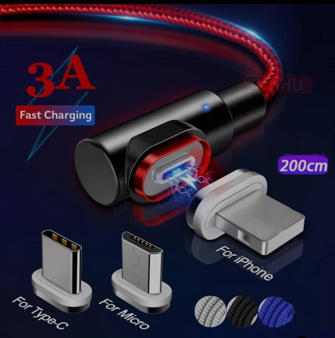 

Кабель для зарядки и синхронизации телефона угловой магнитный PZOZ 90° 3 в 1:Type C, Micro, Lightning. 2 Метра, Черный