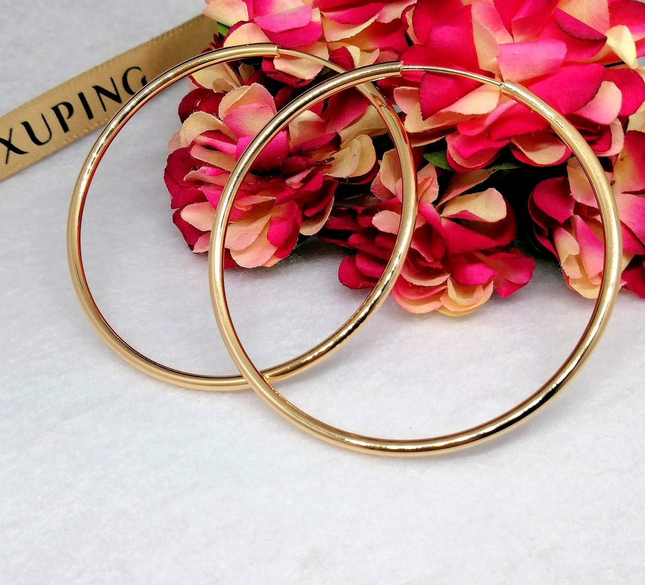 

Женские серьги-кольца 5 см из медицинского золота. Сережки позолоченные ХР. Медзолото