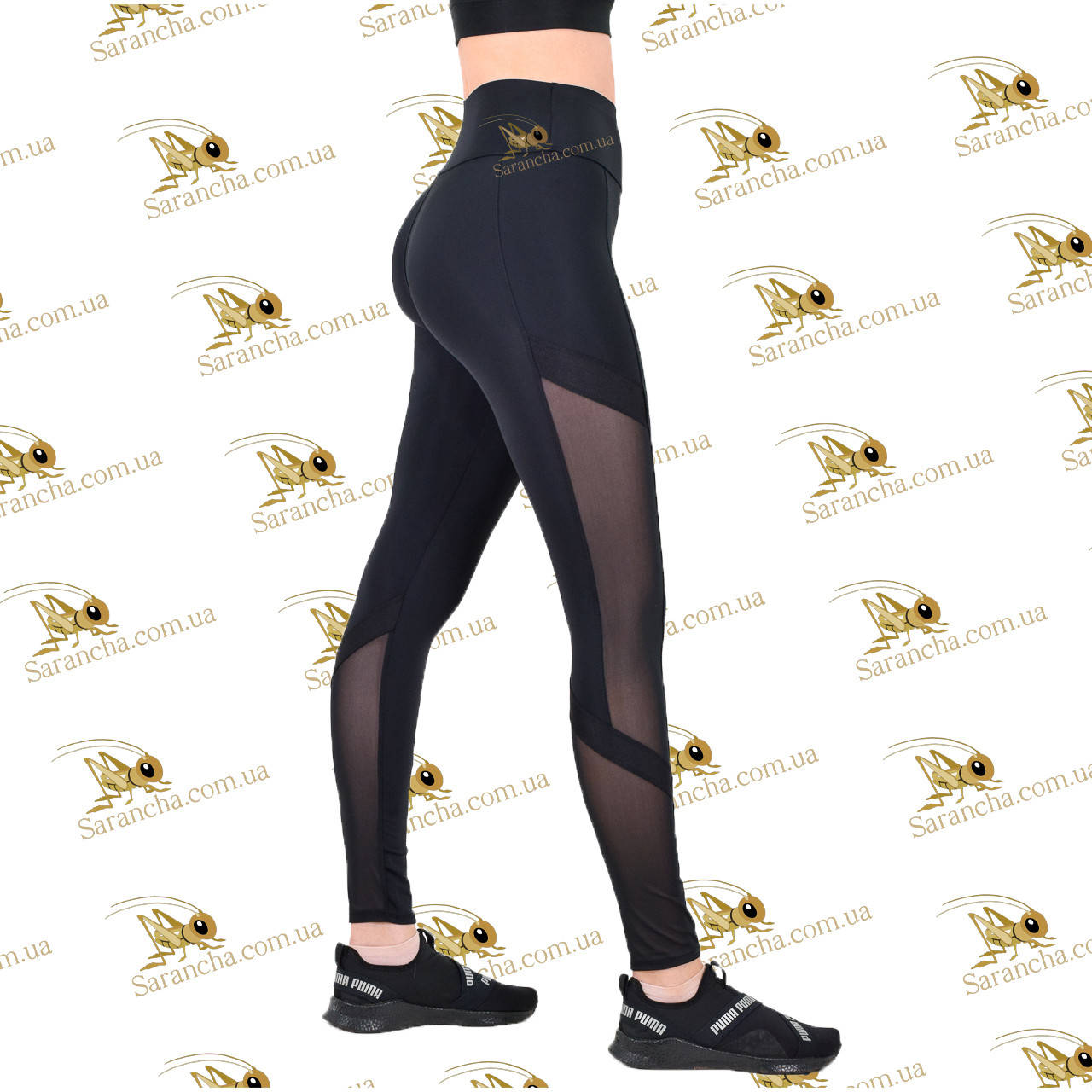 

Cпортивные женские черные лосины с черными вставками сетки, Черный