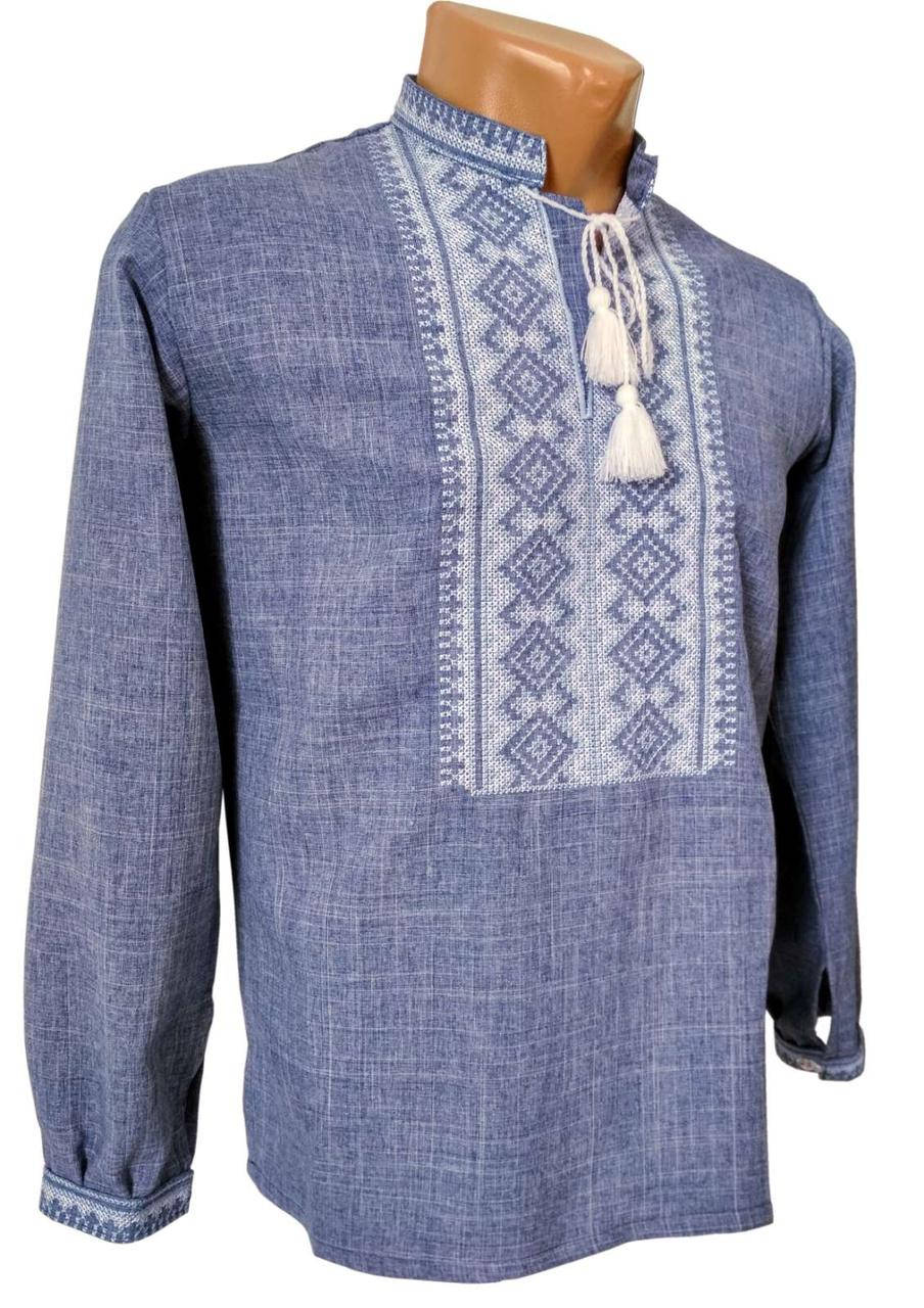 

Льняная мужская Рубашка Вышиванка серо синяя р. 42 - 58