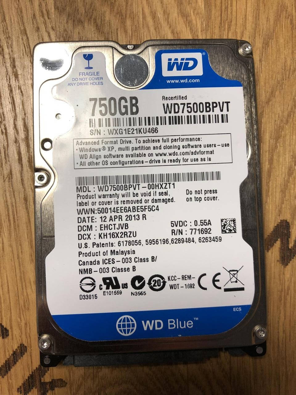 

Жесткий диск для ноутбука Western Digital Blue 750GB 7200rpm 16MB (WD7500BPVT)