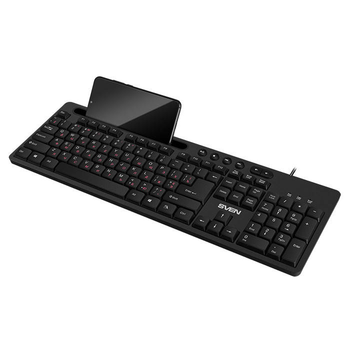 

Клавиатура SVEN KB-S302 USB черная с подставкой для смартфона, Черный