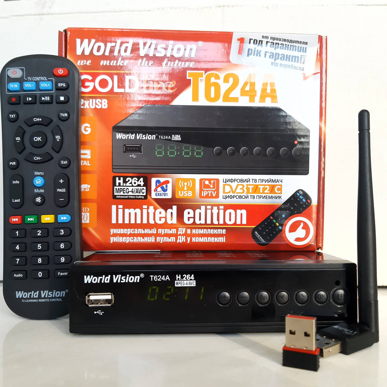 

Цифровой Т2 тюнер WorldVision T624А + IPTV, Megogo.YouTube AC3+WiFi адаптер