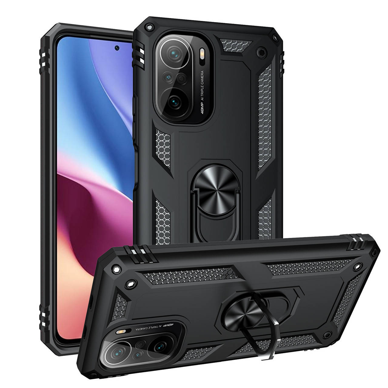 

Противоударный чехол для Xiaomi Poco F3 Черный кольцо магнит