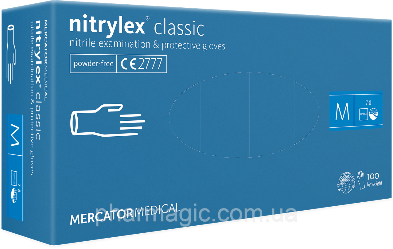 

Перчатки медицинские нитриловые неопудренные MERCATOR MEDICAL Nitrylex classic 100 шт. size-М, Синий