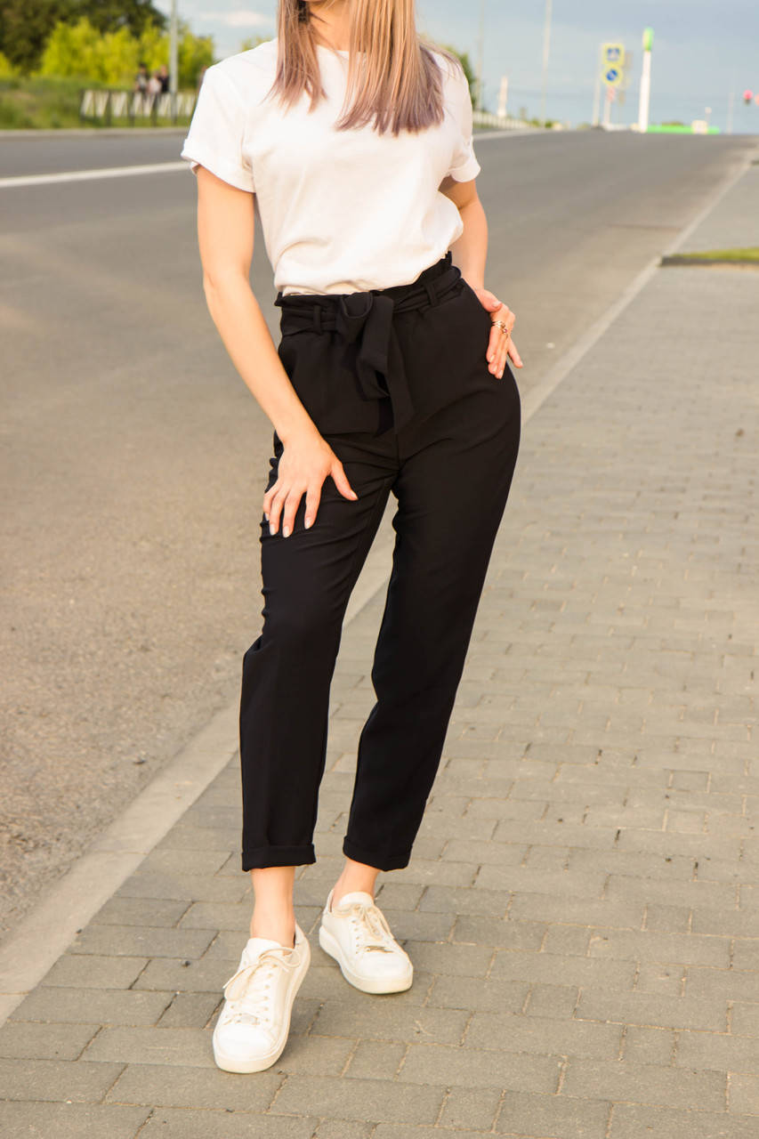 

Женские брюки чёрные пояс резинка высокие укороченные чёрный|Брюки для девушек стрейч с поясом классика, Черный