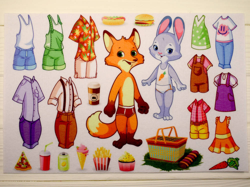 

Фетр с принтом Куклы с одеждой: Лис и Зайка (Корейский жесткий 1,2 мм)